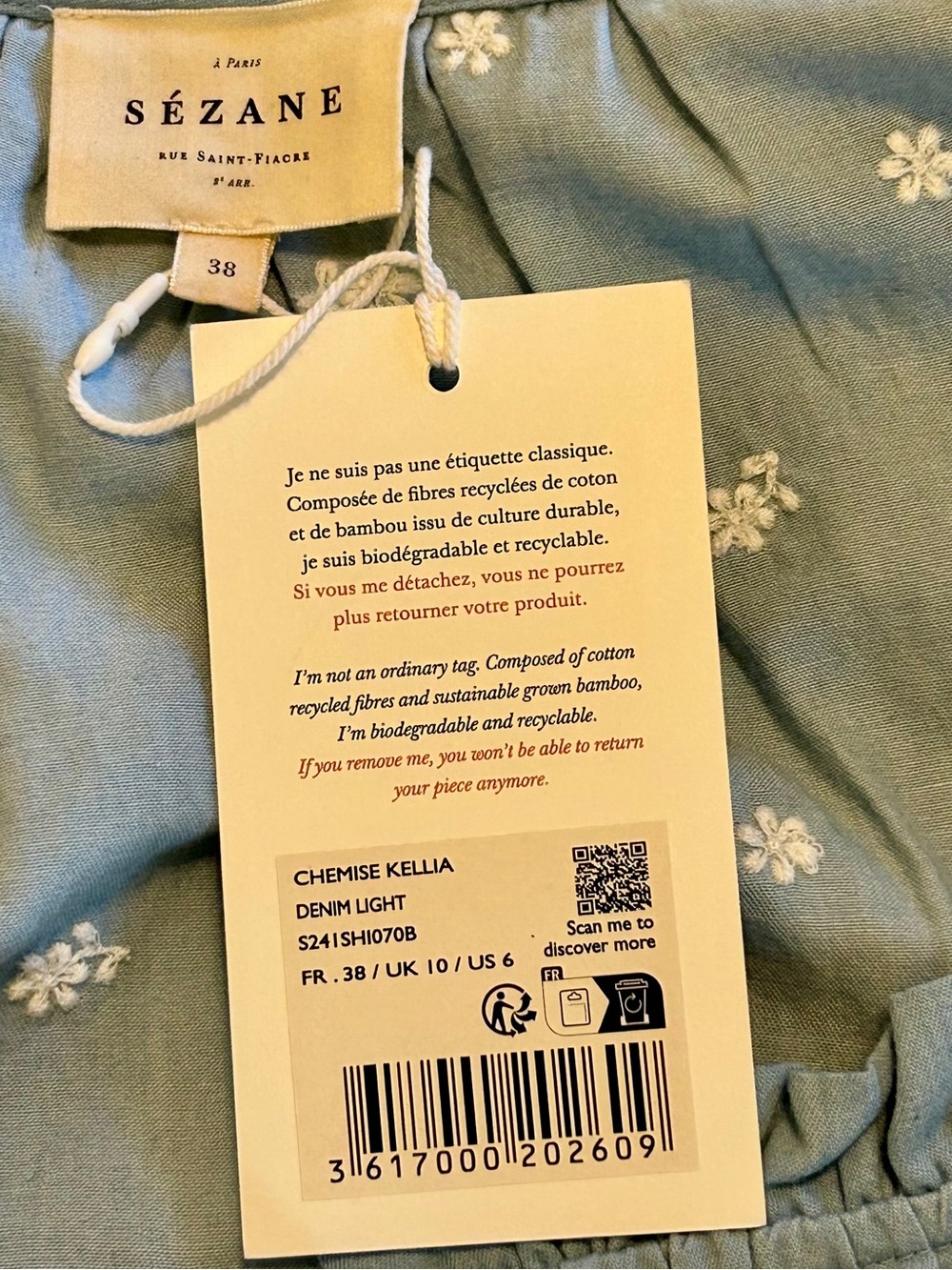NWT SZ 6 Sézane Kelia Light Denim Blouse with White Floral Embroidery 🇫🇷! - Picture 7 of 9